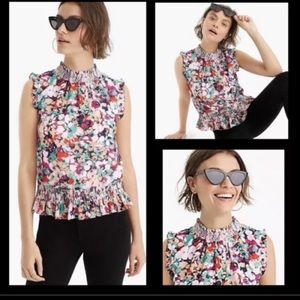 J.CREW Sleeveless Mock Neck Floral Print Smocked Top in Splatter Print 12